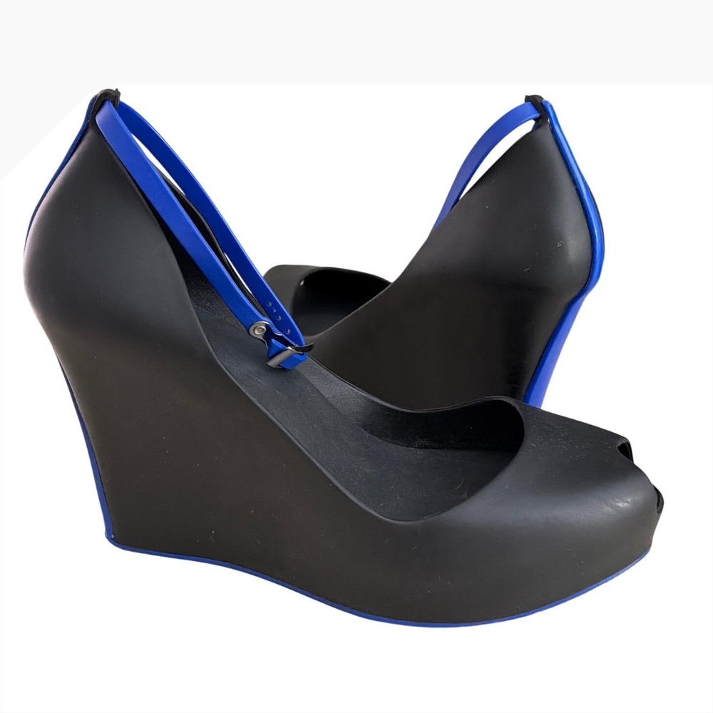Melissa Patchuli Wedge Heels Black Blue Peep Toe Ankle Strap Jelly Shoes Size 10